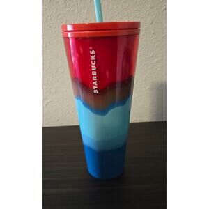 Discontinued Starbucks Summer 2021 Collection red and blue watercolor tumbler.